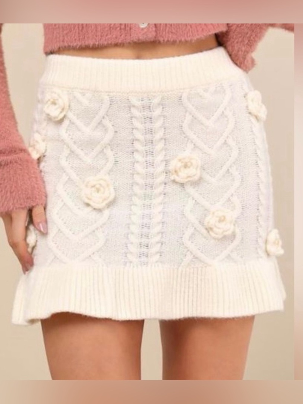 Cream Cable Knit 3D Floral Ruffle Coquette Cottagecore Mini Skirt EUC Sz L